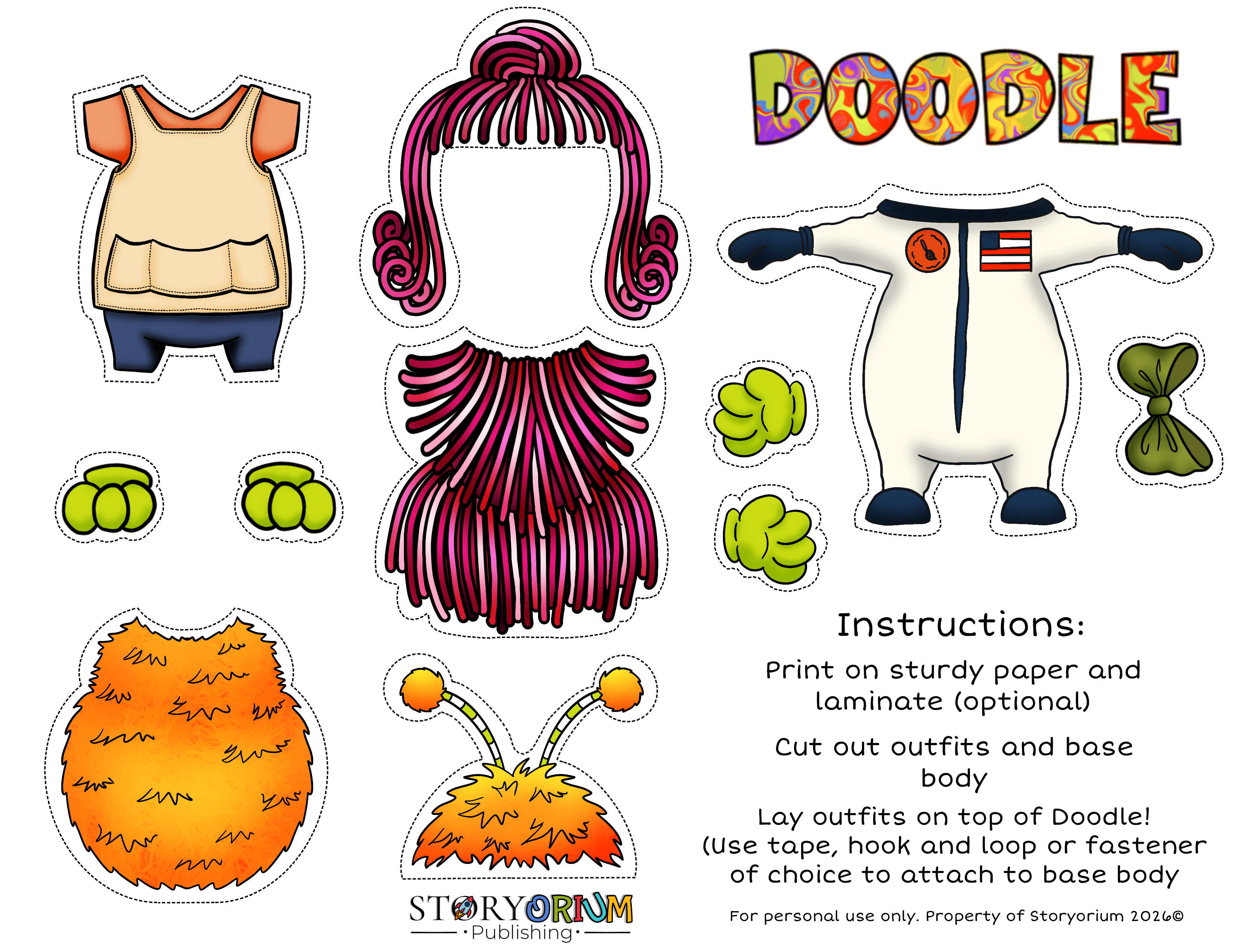 Doodle's colorful paper doll costumes